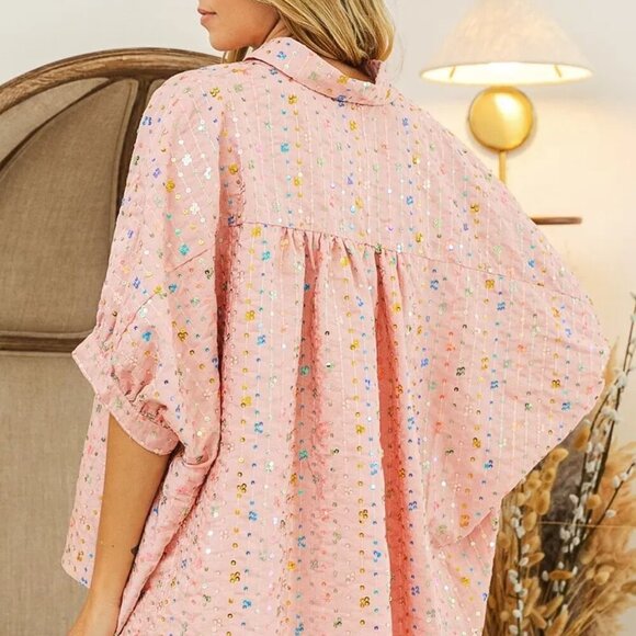 BiBi Sequin Striped Short Dolman Sleeve Blouse - Picture 11 of 14